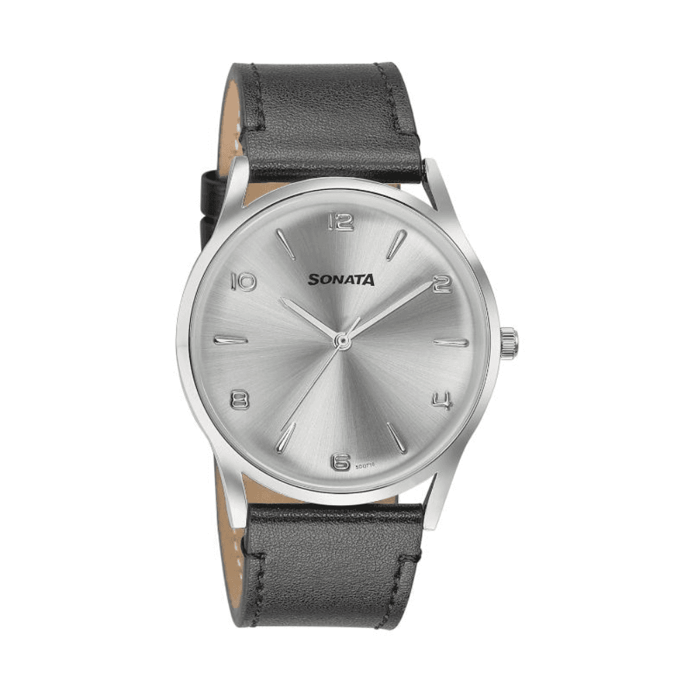 Sonata Quartz Analog Silver Dial Black Leather Strap Watch for Men (77140SL01)