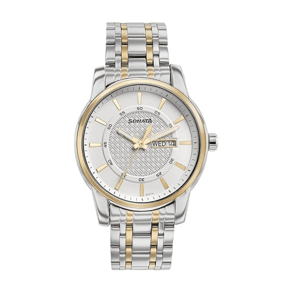 Sonata Quartz Analog Stainless Steel Strap Watch for Men (77141BM01)