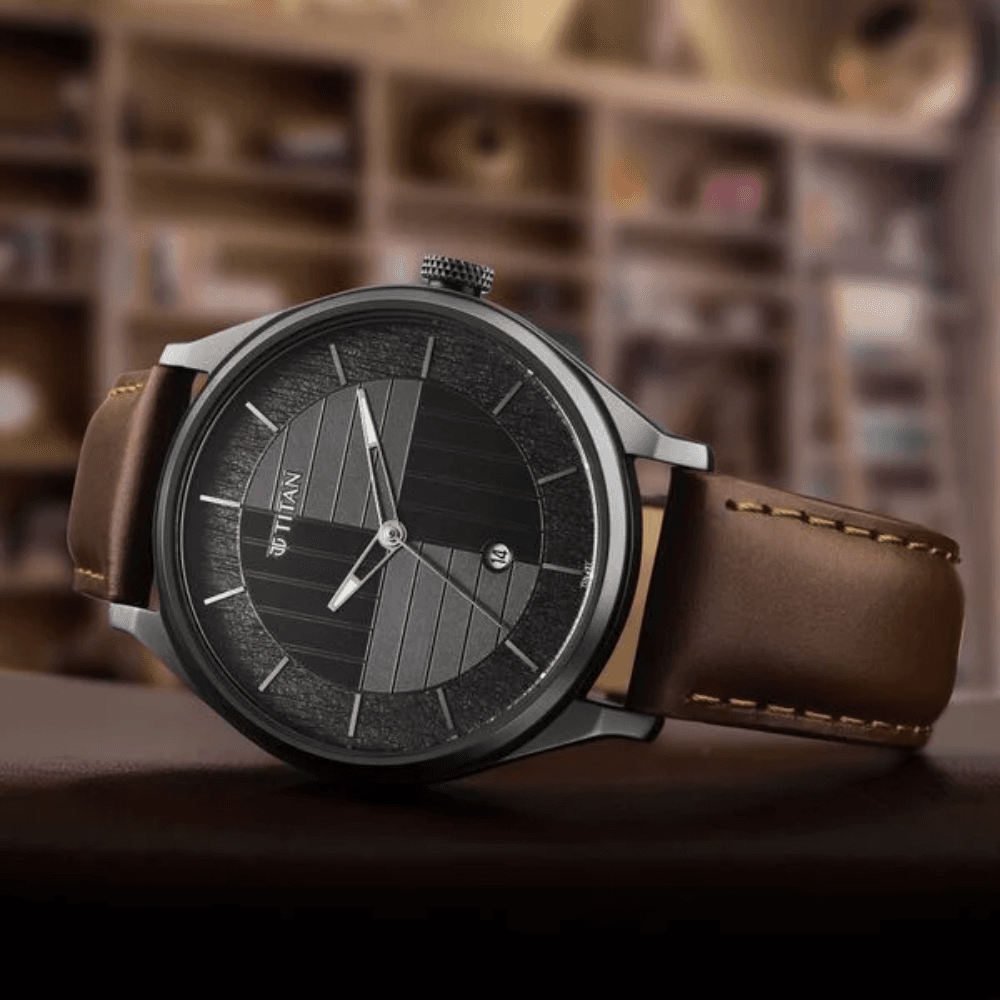 Titan Neo Economy Quartz Analog with Date Grey Dial Brown Leather Strap Watch For Men (1802QL03)