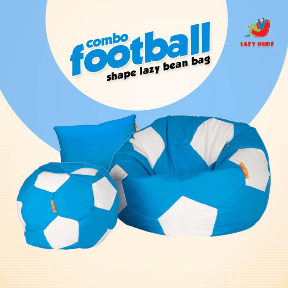 Football Shape Lazy Bean Bag Combo Set - Sky Blue and White Color - XL Size