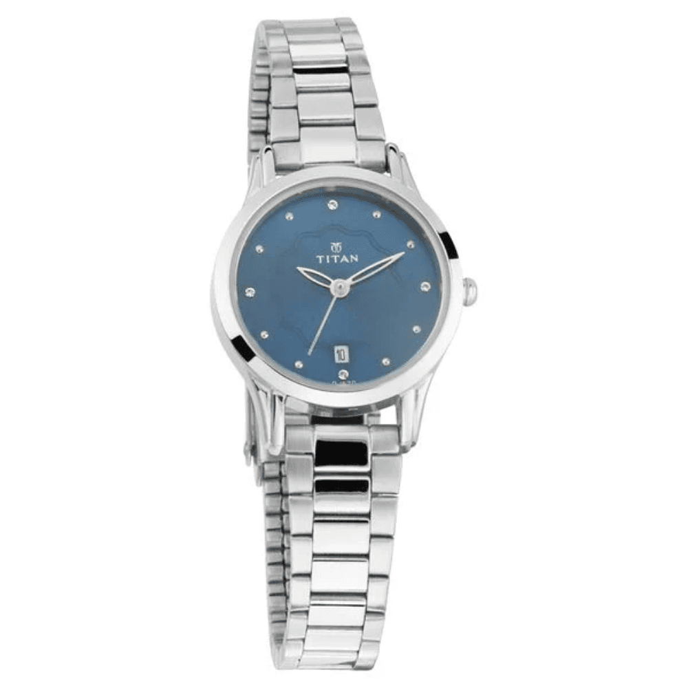 Titan Quartz Analog with Date Blue Dial Metal Strap Watch for Women (2628SM01)