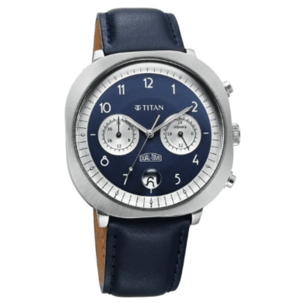 Titan Timeless Treasures Quartz Analog Dual Time Blue Dial Leather Strap Watch For Men (10022SL01)
