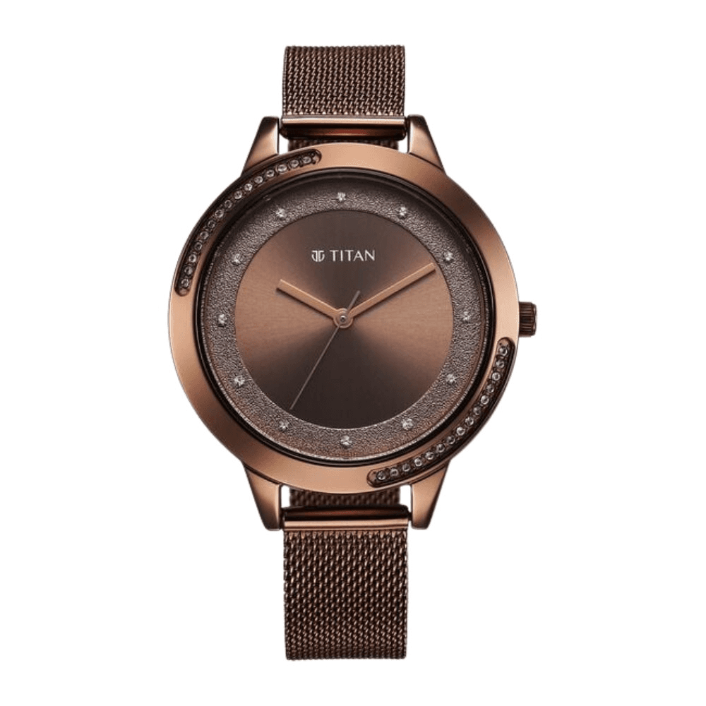 Titan Razzle Dazzle Quartz Analog Brown Dial Stainless Steel Mesh Strap Watch For Women