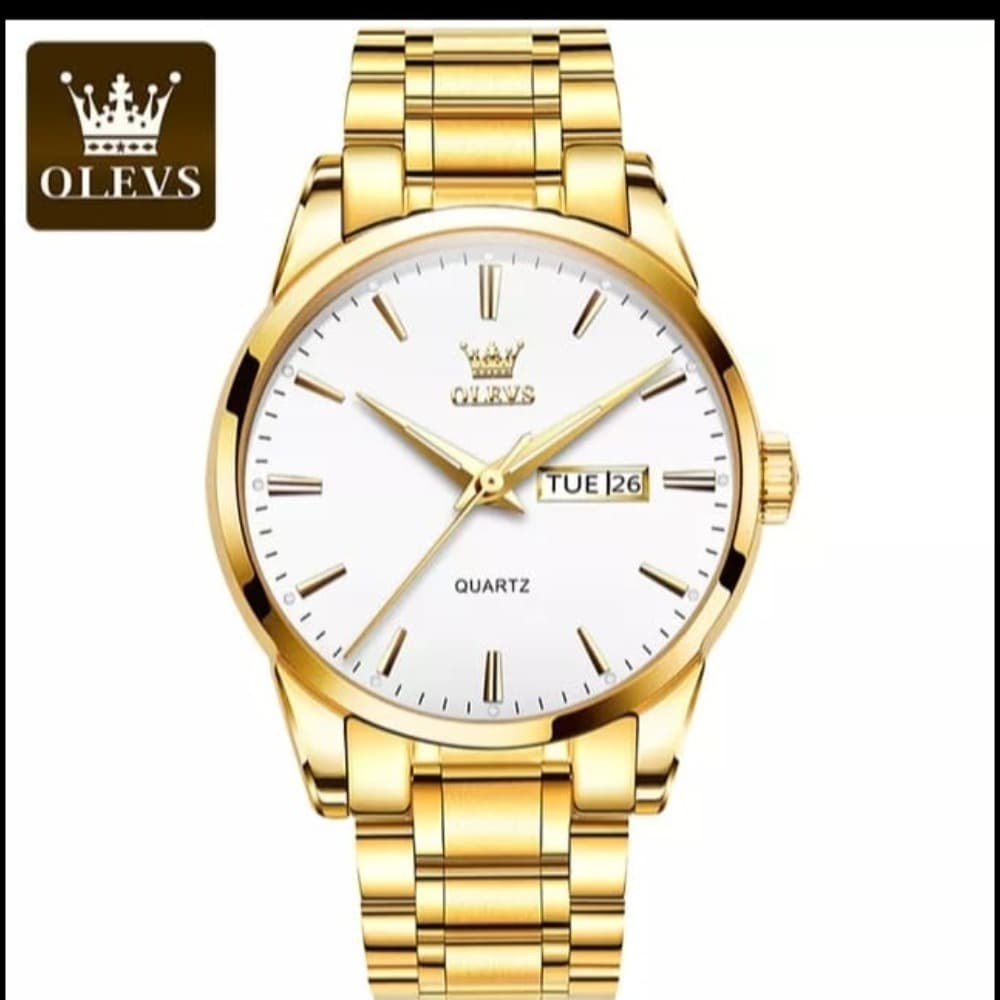 OLEVS 6898 Golden Stainless Steel Analog Wrist Watch For Men - White & Golden