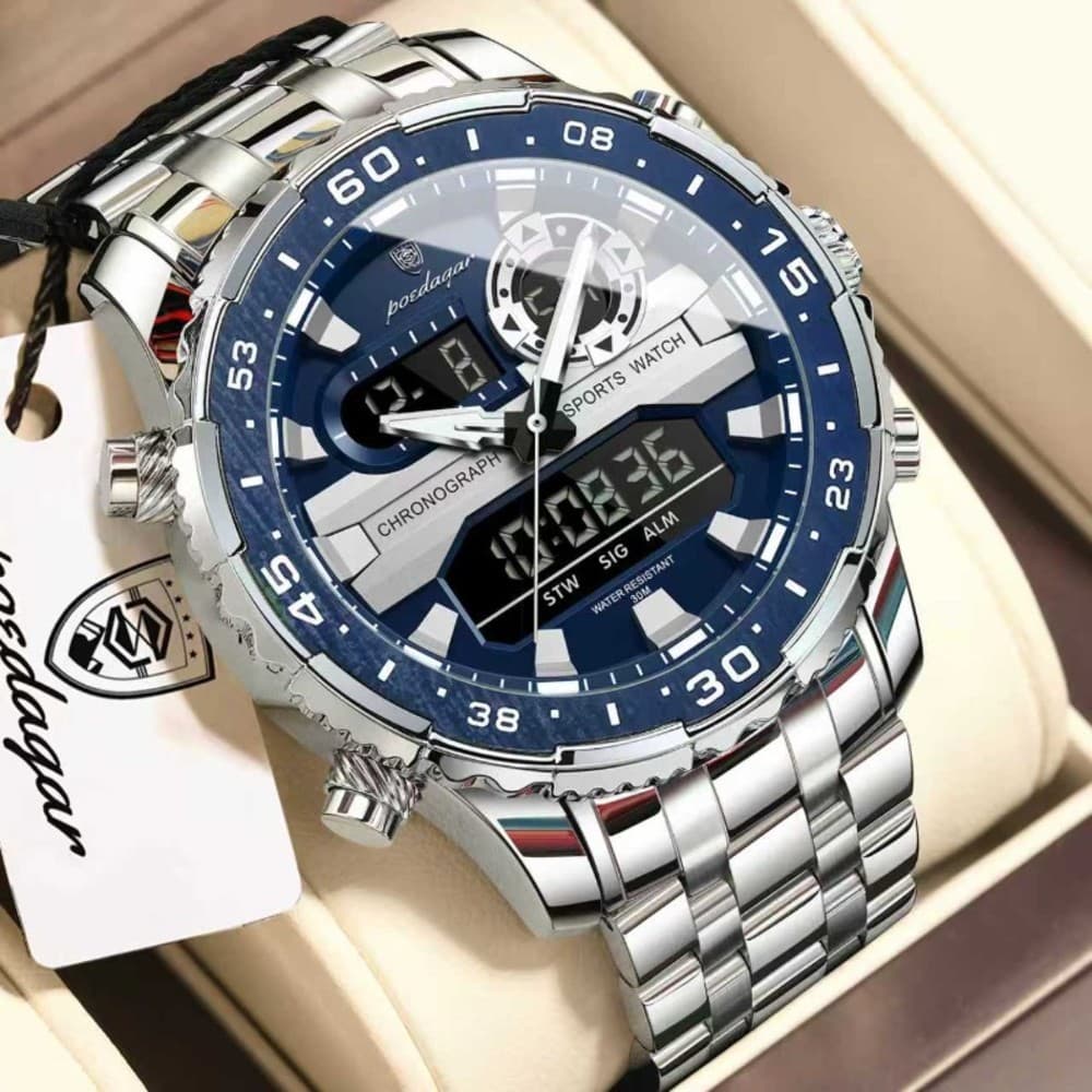 POEDAGAR E122 Luxury LED Men’s Watch Dual Time Digital Display Waterproof Date Male Electronic Stainless Steel Watch