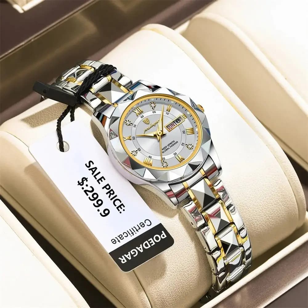POEDAGAR 306 Luxury Quartz Watch for Ladies Waterproof Luminous Date Week Stainless Steel