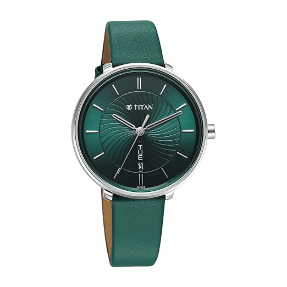 Titan Neo Analog with Day and Date Green Dial Green Color Leather Strap Watch for Women
