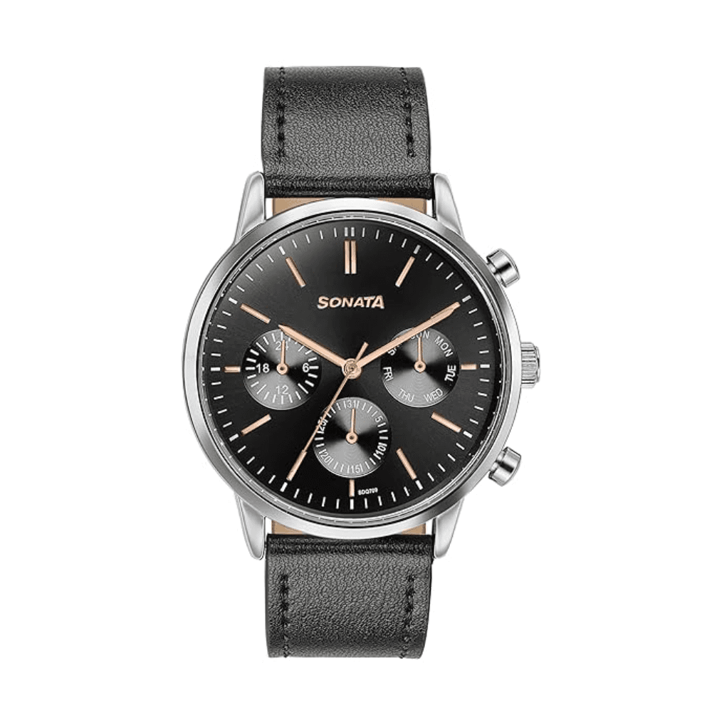 Sonata Quartz Multifunction Leather Strap Watch for Men (77139SL03)