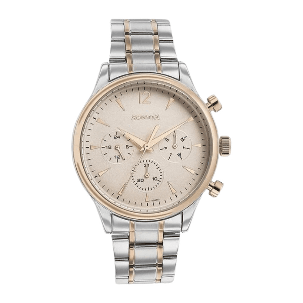 Sonata Quartz Multifunction Stainless Steel Strap Watch For Men 77146KM01