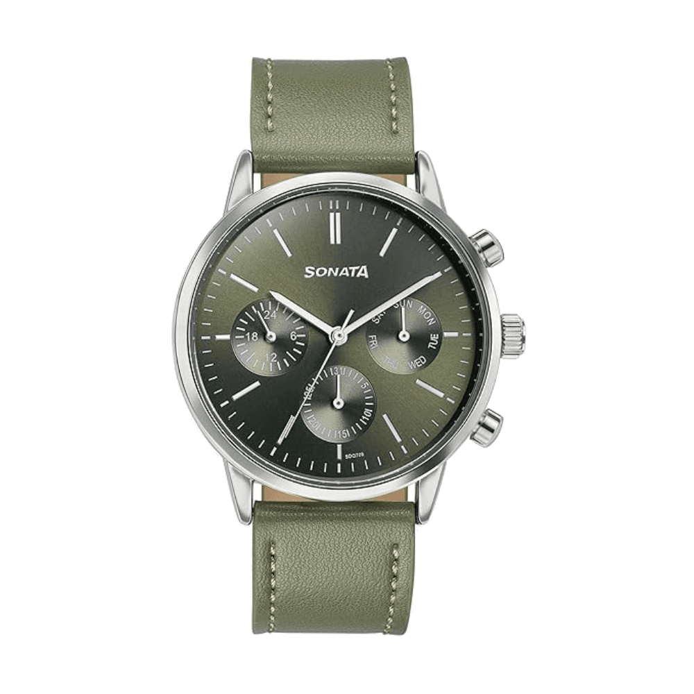 Sonata Quartz Multifunction Leather Strap Watch for Men (77139SL02)